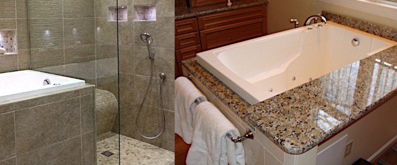 Split image: Left, a soaking tub beside an accessible shower. Right, a soaking tub with a marble surround for easy accessibility and transfers.