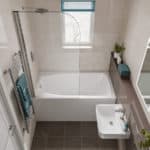 The Studio space-saving bath. A compact bath, it is shown set between the two walls of a narrow bathroom.