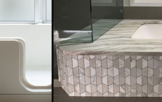 Split image, showing a walk-in bath door on the left, and an undermounted soaking tub on the right