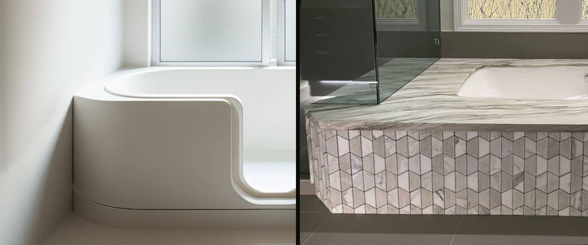 Split image, showing a walk-in bath door on the left, and an undermounted soaking tub and shower enclosure on the right