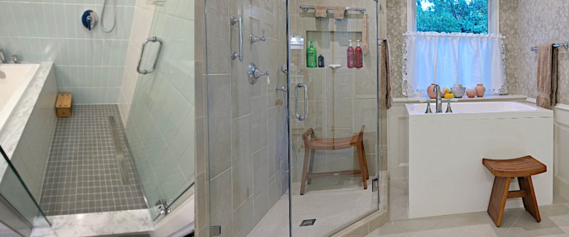 Split image. Left, a soaking tub in a wet-room. Right, a soaking tub installed beside a walk-in shower enclosure.