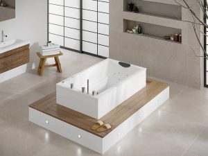 The Yasahiro deep soaking tub, shown on a raised wooden deck